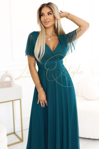 NASTIA Długa sukienka z dekoltem i krótkim rękawkiem - ZIELONA