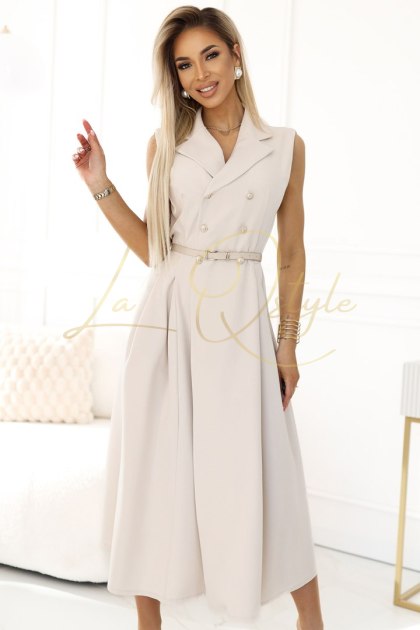 Elegancka szmizjerka midi ze złotymi guzikami i paskiem BEŻOWA