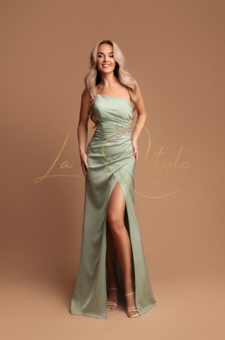 MARIANA dopasowana satynowa sukienka z asymetrycznym gorsetem SZAŁWIOWA