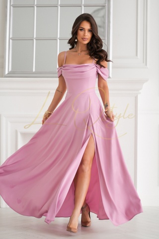 ASHANTI długa błyszcząca sukienka w stylu hiszpańskim PUDROWY RÓŻ