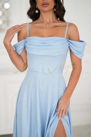 ASHANTI długa błyszcząca sukienka w stylu hiszpańskim BŁĘKITNA