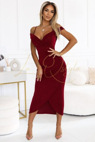 CALLIE sukienka midi z odkrytymi ramionami i dekoltem BORDOWA