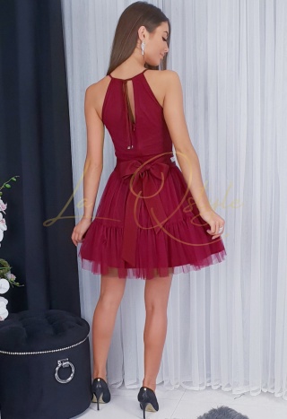 CRISTAL tiulowa krótka sukienka z paskiem BORDOWA