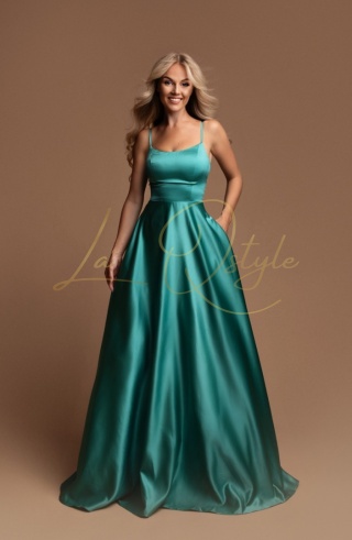 HELENE długa satynowa sukienka z gorsetem, tiulem i kieszeniami TURKUSOWA