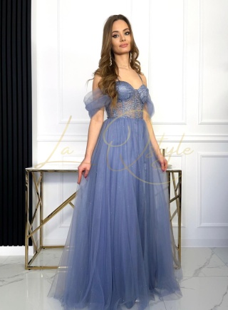 SCHERYL błyszcząca balowa sukienka tiulowa z gorsetem i rozcieciem księżniczka ZIMNY NIEBIESKI