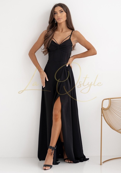 SUZANA długa gładka sukienka z przeszyciami na gorsecie CZARNA