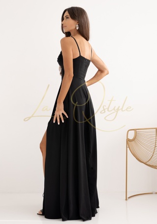 SUZANA długa gładka sukienka z przeszyciami na gorsecie CZARNA