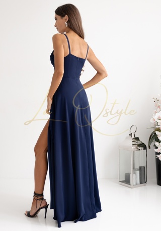 SUZANA długa gładka sukienka z przeszyciami na gorsecie GRANATOWA