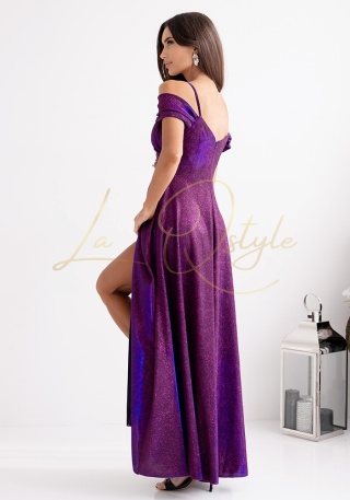 VALENTINA sukienka brokatowa z hiszpańskim dekoltem FIOLET - GRANATOWA