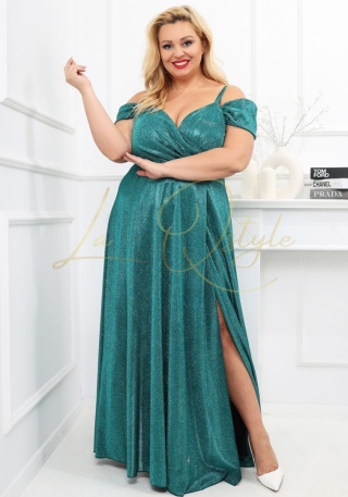 VALENTINA sukienka brokatowa z hiszpańskim dekoltem BUTELKOWA ZIELEŃ
