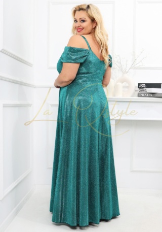 VALENTINA sukienka brokatowa z hiszpańskim dekoltem BUTELKOWA ZIELEŃ