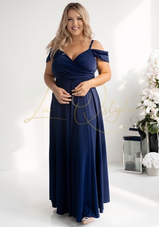 VALENTINA sukienka gładka z hiszpańskim dekoltem GRANATOWA