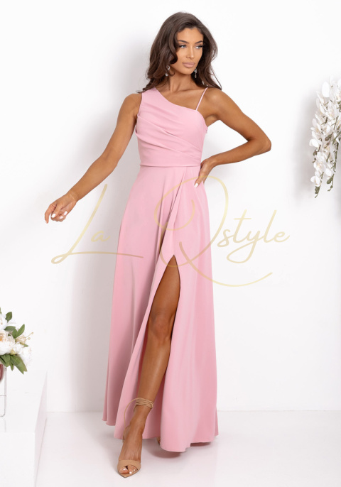 Gładka sukienka z ozdobnym wiązaniem na plecach PUDROWY RÓŻ