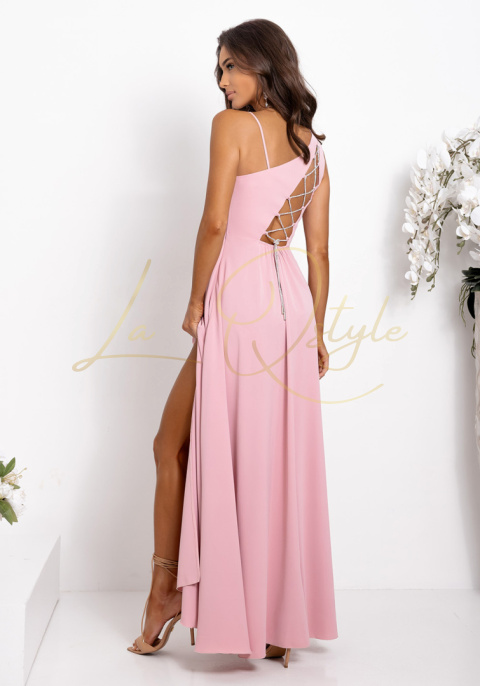 Gładka sukienka z ozdobnym wiązaniem na plecach PUDROWY RÓŻ