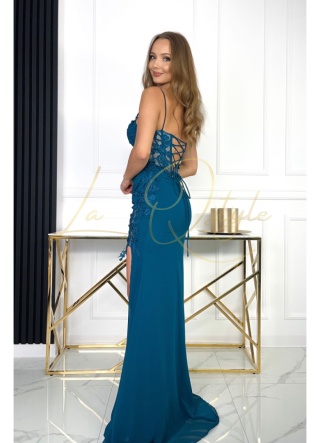 VERA dopasowana długa sukienka z koronką MORSKA