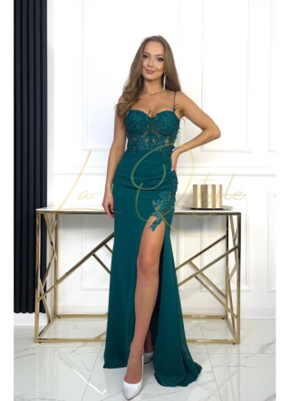 VERA dopasowana długa sukienka z koronką BUTELKOWA ZIELEŃ