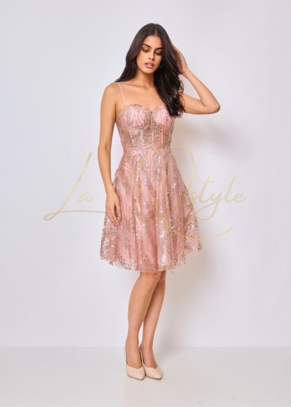 ZAINA tiulowa mini sukienka brokatowa z gorsetem PUDROWY RÓŻ