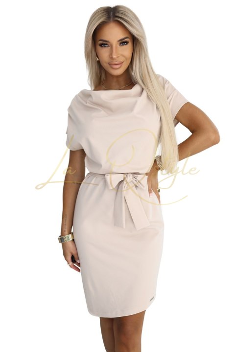 Sukienka z asymetryczną spódnicą i paskiem BEŻOWA