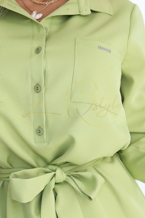 Koszulowa sukienka z kieszeniami i wiązaniem OLIWKOWA