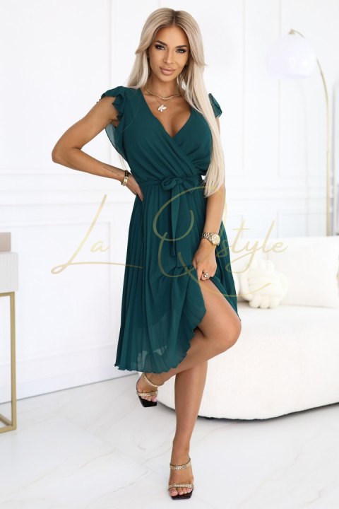 Plisowana sukienka z dekoltem i falbankami ZIELONA