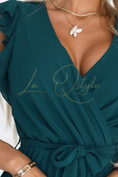 Plisowana sukienka z dekoltem i falbankami ZIELONA