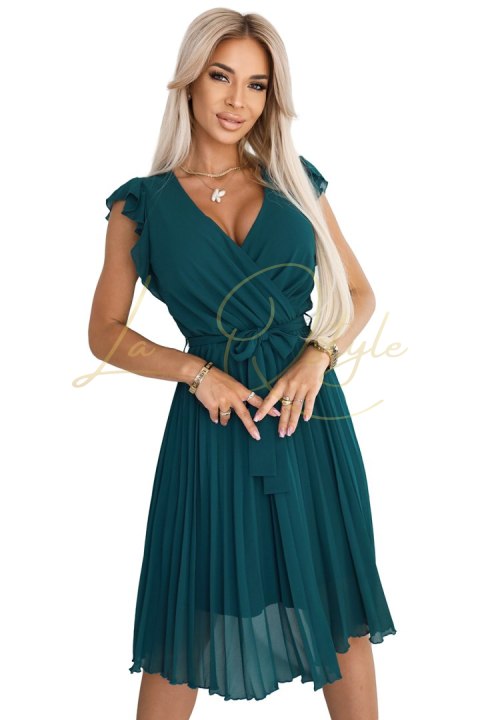 Plisowana sukienka z dekoltem i falbankami ZIELONA