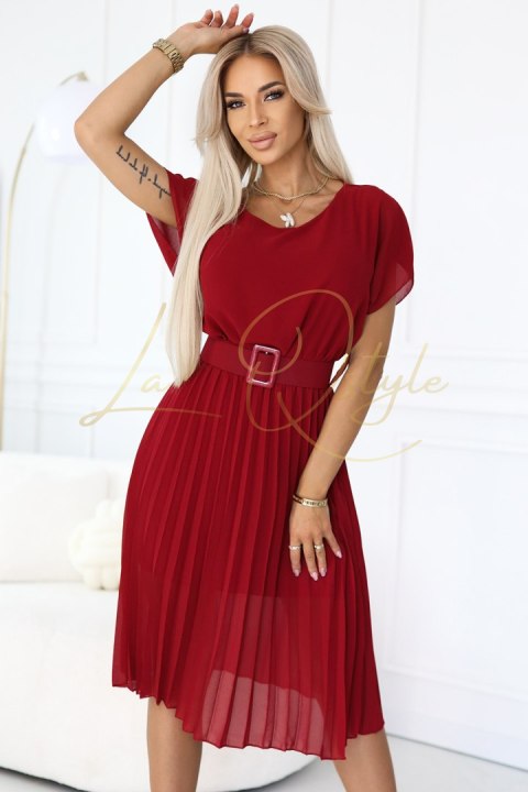 Plisowana szyfonowa sukienka midi z szerokim paskiem BORDOWA