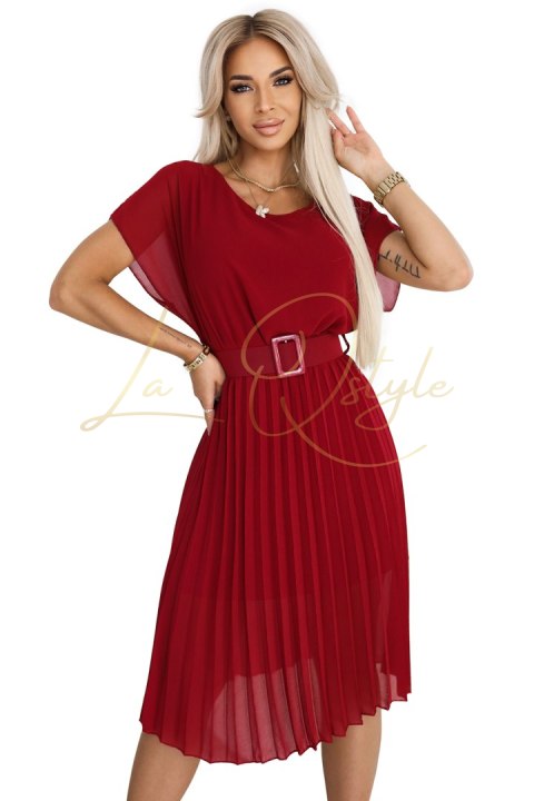 Plisowana szyfonowa sukienka midi z szerokim paskiem BORDOWA