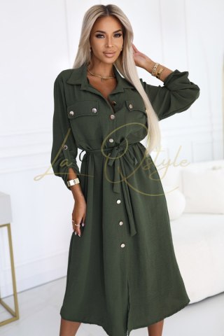 Szmizjerka midi ze złotymi guzikami i wiązaniem KHAKI
