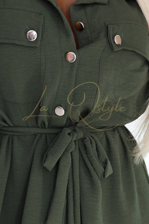 Szmizjerka midi ze złotymi guzikami i wiązaniem KHAKI