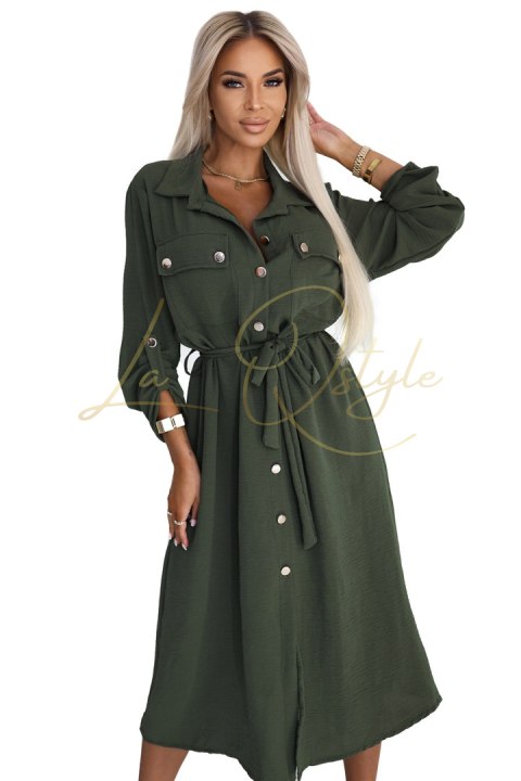 Szmizjerka midi ze złotymi guzikami i wiązaniem KHAKI