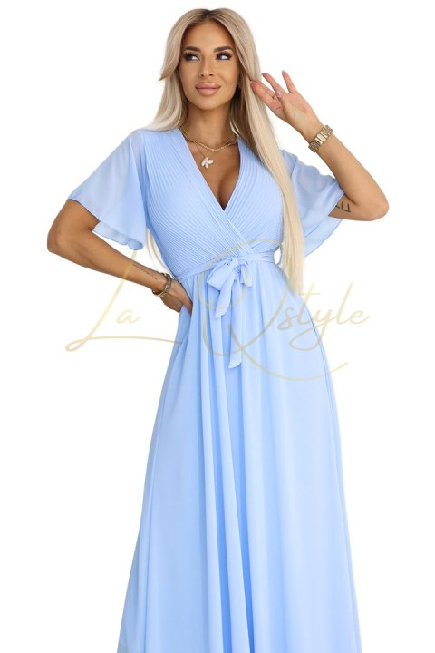 Długa sukienka z plisowanym dekoltem i wiązaniem BŁĘKITNA