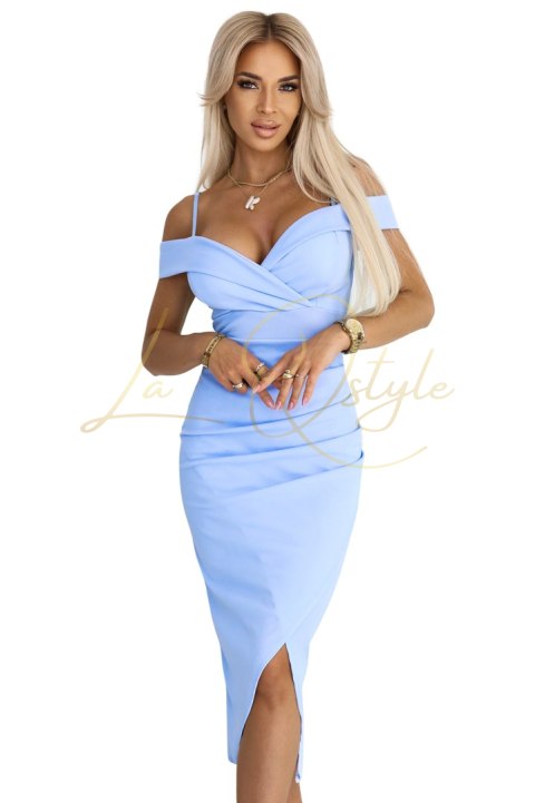Sukienka midi z odkrytymi ramionami i dekoltem BŁĘKITNA