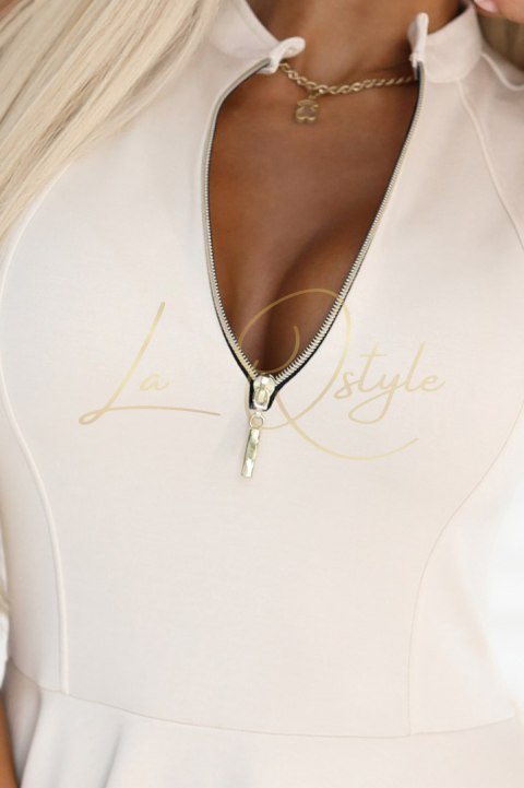 Ekskluzywna sukienka z rozkloszowanym dołem i złotym zamkiem BEŻOWA