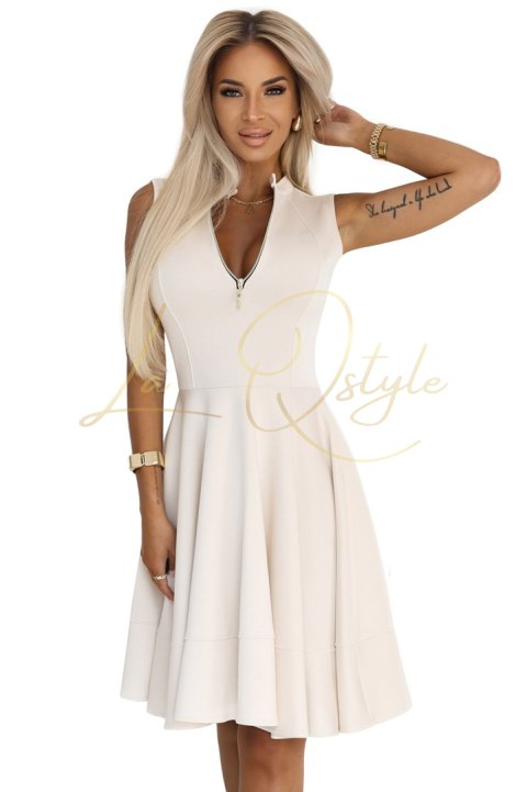 Ekskluzywna sukienka z rozkloszowanym dołem i złotym zamkiem BEŻOWA