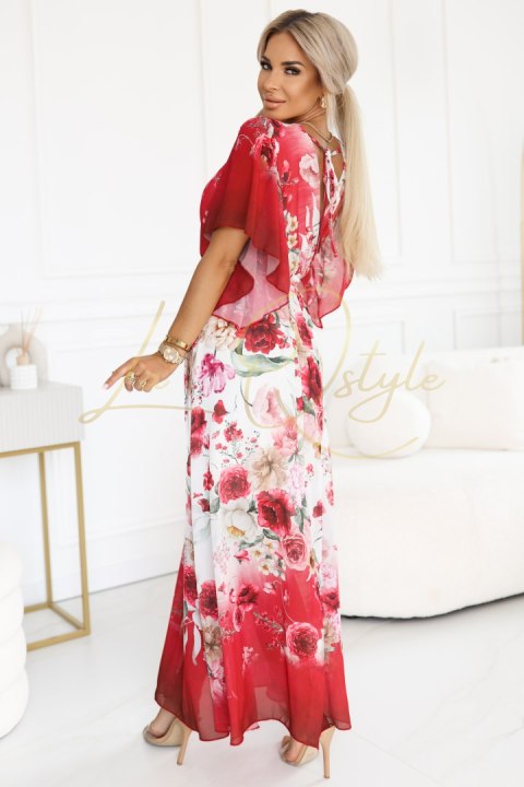 Zwiewna maxi sukienka z kopertowym dekoltem i kwiecistym wzorem CZERWONE RÓŻE