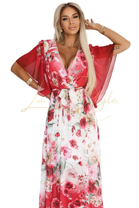 Zwiewna maxi sukienka z kopertowym dekoltem i kwiecistym wzorem CZERWONE RÓŻE