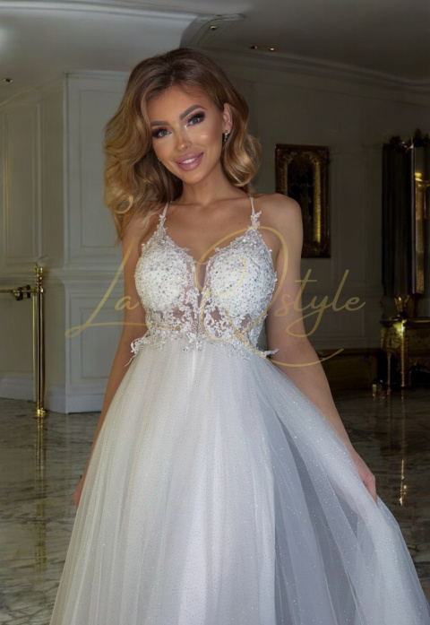 Błyszcząca balowa sukienka tiulowa z koronkowym gorsetem ECRU