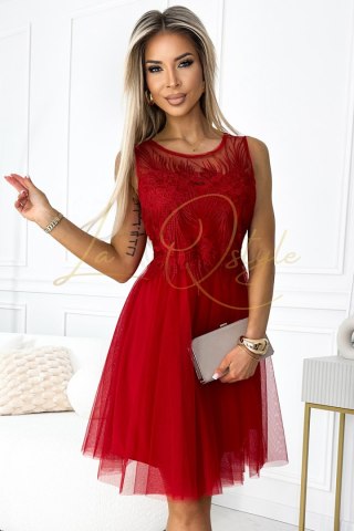CATERINA Kobieca sukienka z gipiurą i delikatnym tiulem CZERWONA