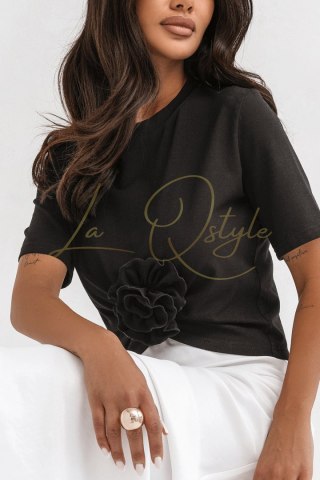 Czarny t-shirt Elvie z marszczeniem i różą