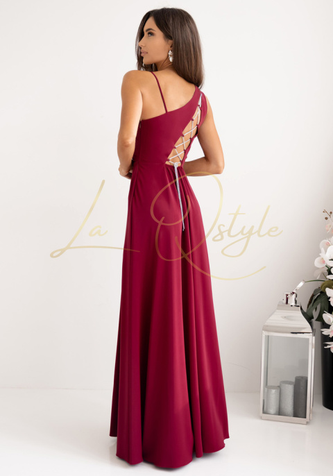 Gładka sukienka z ozdobnym wiązaniem na plecach BORDOWA