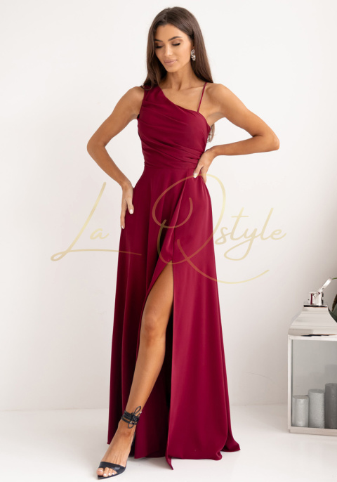 Gładka sukienka z ozdobnym wiązaniem na plecach BORDOWA