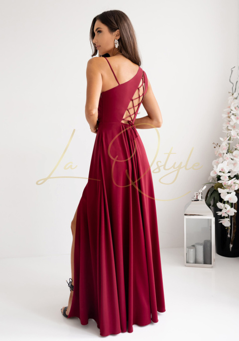 Gładka sukienka z ozdobnym wiązaniem na plecach BORDOWA