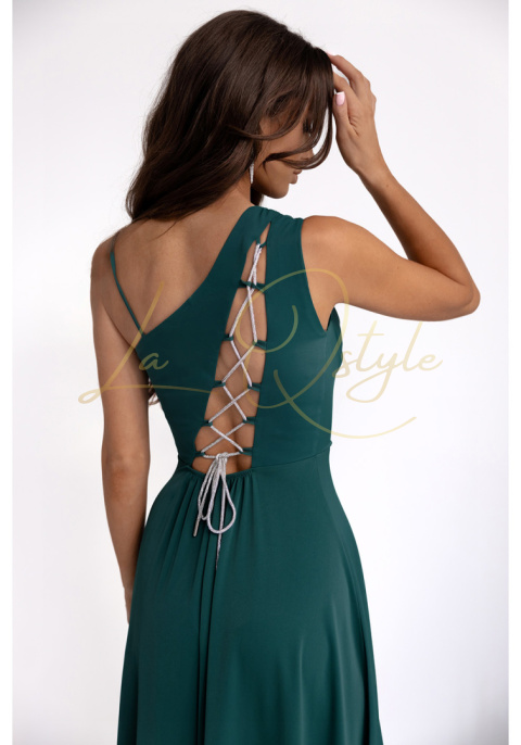 Gładka sukienka z ozdobnym wiązaniem na plecach BUTELKOWA ZIELEŃ