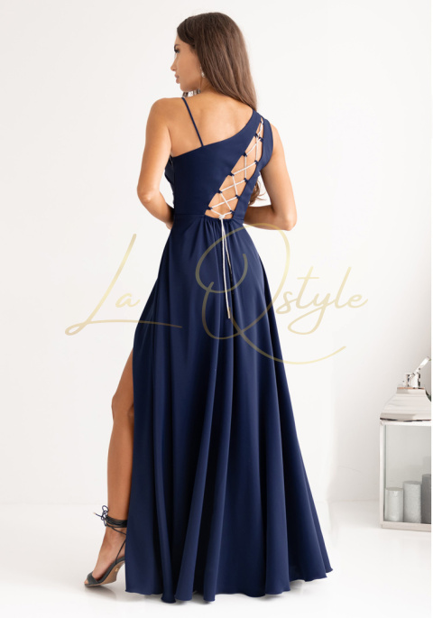 Gładka sukienka z ozdobnym wiązaniem na plecach GRANATOWA