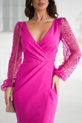 NASTI dopasowana krótka sukienka z cekinowymi rękawami FUKSJA