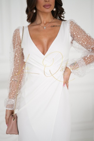 NASTI dopasowana krótka sukienka z cekinowymi rękawami ECRU