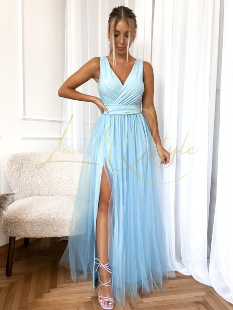 brokatowa sukienka tiulowa z rozcięciem BŁĘKITNA