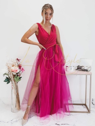 VICTORIA brokatowa sukienka tiulowa z rozcięciem FUKSJA