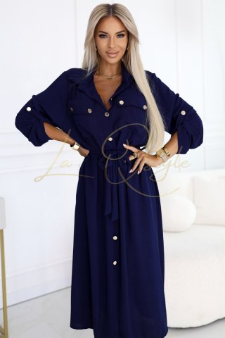 Szmizjerka midi ze złotymi guzikami i wiązaniem GRANATOWA